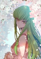 Rule 34 | 1girl, alternate costume, bare shoulders, breasts, c.c., casual, cherry blossoms, closed mouth, clothing cutout, code geass, creayus, dappled sunlight, day, flower, from side, green hair, long hair, long sleeves, looking at viewer, looking to the side, medium breasts, outdoors, petals, ribbon trim, shade, shoulder cutout, smile, solo, straight hair, sunlight, tsurime, upper body, very long hair, yellow eyes