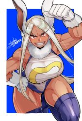 Rule 34 | &gt;:), 1girl, animal ears, arm up, azuki sena, bare shoulders, blue background, boku no hero academia, border, breasts, clenched hand, crescent print, dark-skinned female, dark skin, fur collar, gloves, hand on own hip, highleg, highleg leotard, highres, knee up, large breasts, leotard, long eyelashes, long hair, looking at viewer, mirko, muscular, muscular female, parted bangs, purple thighhighs, rabbit ears, rabbit girl, red eyes, sleeveless turtleneck leotard, smile, solo, taut leotard, teeth, thick thighs, thighhighs, thighs, v-shaped eyebrows, very long hair, white border, white gloves, white hair, white leotard