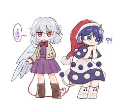Rule 34 | !?, ..., 2girls, :/, :3, angel wings, arm up, beige jacket, black capelet, blue eyes, blue hair, blush, book, bow, bowtie, braid, breasts, capelet, chinese commentary, closed mouth, collared dress, commentary request, doremy sweet, dress, expressionless, eyelashes, feathered wings, feet out of frame, french braid, hair between eyes, half updo, hat, highres, idaku, kishin sagume, knees, long sleeves, looking at another, looking up, medium breasts, multiple girls, nightcap, off shoulder, pom pom (clothes), purple dress, red bow, red bowtie, short hair, short sleeves, silver hair, simple background, single wing, smile, spoken ellipsis, standing, string, string of fate, sweatdrop, tail, tapir tail, touhou, turtleneck, white background, white dress, wing collar, wings
