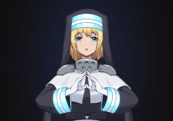 Rule 34 | 1girl, absurdres, black background, blonde hair, blue eyes, blue headband, en&#039;en no shouboutai, fingers together, gloves, habit, headband, highres, iris (enen no shouboutai), looking at viewer, nun, open mouth, plo1154, short hair, simple background, solo, third-party source, upper body, white gloves