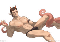 Rule 34 | 1boy, abs, absurdres, bara, black male underwear, briefs, bulge, demon boy, demon horns, feet out of frame, highres, horns, large pectorals, licking lips, male focus, male underwear, muscular, muscular male, navel, nipples, original, pectorals, pointy ears, red eyes, sanpaku, seductive smile, short hair, sideburns, sitting, smile, solo, spread legs, stomach, tentacles, tentacles on male, thick eyebrows, tongue, tongue out, underwear, xian goutou hz