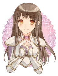 Rule 34 | 1girl, armor, astrid (fire emblem), black hair, blush, breastplate, brown eyes, commentary request, cropped torso, fingerless gloves, fire emblem, fire emblem: path of radiance, gloves, grin, hands on own chest, hands up, kiyuu, lace trim, long hair, looking at viewer, nintendo, pauldrons, purple gloves, shoulder armor, sidelocks, simple background, smile, solo, upper body, vambraces, white background
