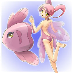 Rule 34 | 10s, 1girl, alomomola, ass, back, backless outfit, bad feet, bare back, bare shoulders, barefoot, casual one-piece swimsuit, creatures (company), feet, fins, fish girl, game freak, gen 5 pokemon, gradient hair, halterneck, moemon, monster girl, multicolored hair, nintendo, one-piece swimsuit, personification, pink hair, pink one-piece swimsuit, pokemon, pokemon (creature), pokemon bw, swimsuit, tenjou ryuka, twintails, yellow eyes