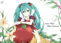 Rule 34 | 1girl, apple, aqua eyes, aqua hair, character name, copyright name, cosplay, disney, flower, food, fruit, gloves, hair between eyes, hatsune miku, heart, heart necklace, highres, jewelry, long hair, looking at viewer, necklace, puff and slash sleeves, puffy sleeves, rabbit, snow white, snow white (cosplay), snow white (disney), snow white and the seven dwarfs, takumin (takumi415), twintails, vocaloid, white gloves