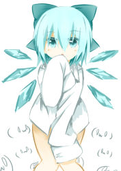 Rule 34 | 1girl, :o, bad id, bad nicoseiga id, blue eyes, blue hair, blush, bow, cirno, dress shirt, hair bow, ice, ice wings, katori (quietude), long sleeves, looking at viewer, matching hair/eyes, naked shirt, oversized clothes, shirt, short hair, sleeves past wrists, solo, touhou, white background, wings