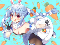 Rule 34 | 1girl, :d, animal ear fluff, animal ears, black gloves, black leotard, blue background, blue hair, blush, bow, braid, breasts, brown pantyhose, carrot hair ornament, commentary request, detached sleeves, don-chan (usada pekora), dress, food-themed hair ornament, fur-trimmed dress, fur-trimmed gloves, fur trim, gloves, hair between eyes, hair bow, hair ornament, hololive, leotard, long hair, mauve, multicolored hair, open mouth, pantyhose, puffy short sleeves, puffy sleeves, rabbit-shaped pupils, rabbit ears, rabbit girl, rabbit tail, red eyes, shoes, short eyebrows, short sleeves, small breasts, smile, strapless, strapless dress, strapless leotard, symbol-shaped pupils, tail, teeth, thick eyebrows, twin braids, twintails, two-tone hair, upper teeth only, usada pekora, usada pekora (1st costume), v, very long hair, virtual youtuber, white bow, white dress, white footwear, white hair, white sleeves