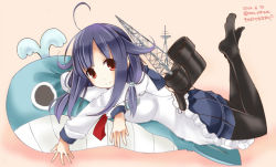 Rule 34 | 10s, 1girl, ahoge, apron, dated, kantai collection, kappougi, legs up, long hair, looking at viewer, lying, machinery, momozakura nanao, on stomach, pantyhose, pleated skirt, purple hair, red eyes, skirt, solo, stuffed animal, stuffed toy, taigei (kancolle), twitter username, whale