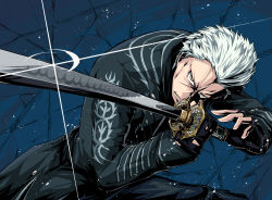 Rule 34 | 1boy, beige eyes, black coat, black gloves, coat, commentary request, devil may cry (series), devil may cry 5, fingerless gloves, glint, gloves, highres, holding, holding sword, holding weapon, katana, long sleeves, male focus, parted lips, shimure (460), solo, spiked hair, spoilers, sword, teeth, vergil (devil may cry), weapon, white hair
