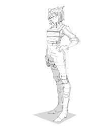 Rule 34 | 1girl, arknights, boots, commentary, cosplay, full body, greyscale, hand on own hip, high-waist shorts, highres, knee pads, looking at viewer, monochrome, official alternate costume, owl ears, saria (arknights), saria (arknights) (cosplay), saria (the law) (arknights), saria (the law) (arknights) (cosplay), semi-rimless eyewear, shirt, short hair, shorts, silence (arknights), simple background, solo, standing, thigh strap, under-rim eyewear, wristband, zy (zyyyyyyy9)