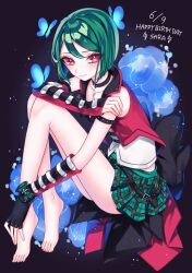 Rule 34 | 1girl, absurdres, ao (ao0 0nemu), bad id, bad pixiv id, barefoot, black choker, black gloves, blue butterfly, blue flower, bug, butterfly, character name, choker, closed mouth, commentary request, fingerless gloves, flower, full body, gloves, green hair, green skirt, happy birthday, highres, insect, jacket, kiratto pri chan, knees up, looking at viewer, midorikawa sara, miniskirt, pink eyes, plaid, plaid skirt, pleated skirt, pretty series, red jacket, shirt, short hair, sitting, skirt, sleeveless, sleeveless jacket, smile, solo, white shirt