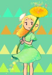 Rule 34 | 1girl, blonde hair, dandelion, dress, earrings, feet out of frame, flower, green dress, highres, holding, holding flower, jewelry, long hair, looking at viewer, niwabuki, no nose, original, oversized flower, short sleeves, smile, solo, triangle earrings, yellow flower