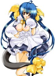 Rule 34 | 1girl, arc system works, blue hair, bottomless, breasts, cosplay, dejiko, dizzy (guilty gear), guilty gear, large breasts, long hair, maid, no panties, simple background, solo, third-party edit, white background, yukiwo