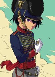 Rule 34 | 1girl, army, belt, black hair, blue sky, british army, buttons, dragoon helmet, epaulettes, hair over one eye, hand on own hip, hat, highres, holding, holding pocket watch, jacket, looking at viewer, military, military hat, military uniform, original, pocket watch, purple eyes, red sash, sash, short hair, sky, smoke, soldier, solo, standing, uniform, upper body, watch, wind, zeinikunosekai