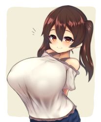 Rule 34 | 1girl, arms behind back, bare shoulders, beige background, blouse, blue skirt, blush, breasts, brown eyes, brown hair, brown theme, closed mouth, frilled shirt, frills, hair between eyes, highres, huge breasts, long hair, looking at viewer, mole, mole under eye, off shoulder, oppai loli, original, outside border, shirt, skirt, smile, solo, strap, taut clothes, twintails, upper body, watari1118, white shirt