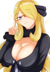 Rule 34 | 1girl, absurdres, arm under breasts, bespectacled, blonde hair, blue eyes, blueberry okoku izaberafujin, blush, breasts, cleavage, closed mouth, creatures (company), cynthia (pokemon), game freak, glasses, hair over one eye, highres, large breasts, long hair, looking at viewer, nintendo, pokemon, pokemon dppt, simple background, smile, solo, sparkle, upper body, white background