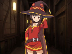 Rule 34 | 1girl, arm up, belt, black gloves, blush, brown hair, cape, choker, cowboy shot, door, dress, flat chest, gloves, hat, highres, indoors, kono subarashii sekai ni shukufuku wo!, legs, looking at viewer, megumin, parted lips, red dress, red eyes, solo, source request, standing, thighs, traya, witch hat