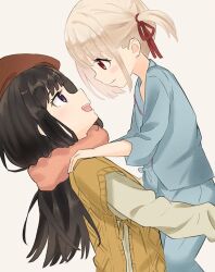 Rule 34 | 2girls, beret, black hair, blonde hair, blush, brown headwear, carrying, carrying person, closed mouth, commentary request, eye contact, grey shirt, hair ribbon, hat, highres, hospital gown, inoue takina, long hair, long sleeves, looking at another, lycoris recoil, multiple girls, nishikigi chisato, one side up, open mouth, profile, purple eyes, red eyes, red ribbon, ribbon, scarf, shirt, short hair, sidelocks, simple background, smile, souda (soudaco1a), sweater vest, teeth, upper body, upper teeth only, white background, yellow sweater vest, yuri