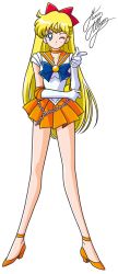 Rule 34 | 1girl, aino minako, bishoujo senshi sailor moon, blonde hair, blue bow, blue eyes, bow, choker, elbow gloves, full body, gloves, hair bow, long hair, looking at viewer, magical girl, marco albiero, one eye closed, orange skirt, pleated skirt, pointing, red bow, sailor collar, sailor venus, signature, skirt, solo, standing, tiara, white background, white gloves