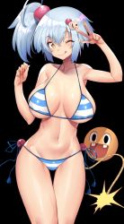 Rule 34 | 1girl, bikini, blue hair, blush, bomb, bombergirl, breasts, explosive, hair ornament, kamaboko (ossann0125), large breasts, looking at viewer, navel, one eye closed, one side up, shiro (bombergirl), side ponytail, smile, solo, striped, swimsuit, yellow eyes