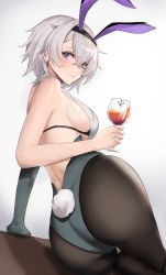 Rule 34 | 1girl, absurdres, animal ears, arm support, ass, azur lane, bare arms, bare shoulders, bilei, black bra, black hairband, black pantyhose, blush, bra, breasts, closed mouth, cup, drink, drinking glass, elbow gloves, fake animal ears, fake tail, gloves, grey gloves, grey leotard, hairband, highres, holding, holding cup, large breasts, leotard, looking at viewer, official alternate costume, pantyhose, playboy bunny, purple eyes, rabbit ears, rabbit tail, reclining, reno (azur lane), reno (reno bunnino) (azur lane), resolution mismatch, see-through, short hair, sideboob, silver hair, simple background, single glove, smile, solo, source smaller, tail, underwear, white background