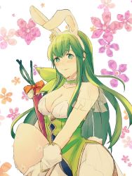 Rule 34 | 1girl, absurdres, animal ears, bow, breasts, carrot, choker, cleavage, closed mouth, easter egg, egg, fake animal ears, fire emblem, fire emblem: mystery of the emblem, fire emblem heroes, flower, frilled choker, frills, gloves, green eyes, green hair, hair flower, hair ornament, highres, holding, long hair, medium breasts, nintendo, nishimura (nianiamu), orange bow, palla (fire emblem), pantyhose, rabbit ears, smile, solo, upper body, white gloves, white pantyhose