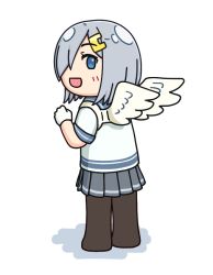 Rule 34 | angel wings, black pantyhose, blue eyes, commentary request, fake wings, from behind, full body, grey sailor collar, grey skirt, hair ornament, hair over one eye, hairclip, hama! (3toshinhmkz), hamakaze (kancolle), kantai collection, neckerchief, no nose, pantyhose, pleated skirt, sailor collar, school uniform, serafuku, short hair, silver hair, simple background, skirt, standing, white background, wings