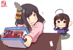 Rule 34 | 2girls, :3, aged down, ahoge, alternate costume, artist logo, black hair, blouse, blue eyes, blue hoodie, box, braid, brown hair, child, commentary request, dated, drawstring, fire truck, hair ornament, hair over shoulder, highres, holding, holding box, hood, hood down, hoodie, kanon (kurogane knights), kantai collection, long sleeves, motor vehicle, multiple girls, open mouth, pants, pink shirt, red eyes, shigure (kancolle), shirt, short hair, single braid, sweatdrop, toy, toy car, truck, yamashiro (kancolle)