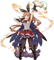 Rule 34 | 1girl, aqua eyes, armpits, arms up, artist request, ascot, belt, black ascot, black footwear, black gloves, black ribbon, black thighhighs, blush, book, boots, bracelet, breasts, brown hair, cape, chain, clarisse (granblue fantasy), female focus, fire, frilled gloves, frilled skirt, frills, full body, gem, gloves, granblue fantasy, green gemstone, hair intakes, hair ribbon, happy, highres, holding, holding book, jewelry, knee boots, light blush, long hair, looking at viewer, medium breasts, miniskirt, non-web source, official art, one eye closed, open book, open mouth, outstretched arm, pigeon-toed, ponytail, red cape, red skirt, ribbed shirt, ribbon, rubble, shirt, sideboob, sidelocks, simple background, skindentation, skirt, sleeveless, sleeveless shirt, smile, solo, standing, test tube, thighhighs, transparent background, two-sided cape, two-sided fabric, two-tone shirt, v over eye, very long hair, white shirt, wink, world flipper