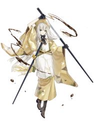 Rule 34 | 1girl, blunt bangs, food fantasy, full body, grey eyes, highres, holding, holding weapon, liita (dusk snow), long hair, looking at viewer, official art, pale skin, plate, second-party source, solo, sword, tamagoyaki (food fantasy), weapon, white hair