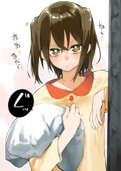 Rule 34 | 1girl, :&lt;, brown eyes, brown hair, closed mouth, hair between eyes, holding, holding pillow, hyocorou, kantai collection, long sleeves, medium hair, pajamas, peeking out, pillow, sendai (kancolle), simple background, solo, translation request, two side up, upper body