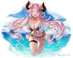 Rule 34 | 1girl, :d, aloneinthedork, bikini, braid, braided bun, breasts, cleavage, cloud, cloudy sky, double bun, draph, earrings, closed eyes, frilled bikini, frills, granblue fantasy, groin, hair bun, hair ornament, hair over one eye, hairclip, highres, horns, jewelry, large breasts, long hair, low-tied long hair, narmaya (granblue fantasy), narmaya (summer) (granblue fantasy), navel, ocean, official alternate costume, open mouth, pink hair, pointy ears, single earring, sky, smile, solo, splashing, swimsuit, thigh strap, very long hair, wading, water, white bikini