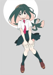 Rule 34 | 10s, 1girl, :&gt;, asui tsuyu, black eyes, black hair, black legwear, black skirt, blouse, boku no hero academia, bow-shaped hair, brown footwear, dress shirt, eyelashes, from above, full body, grey background, hair ribbon, hair rings, hands on own knees, loafers, long hair, low-tied long hair, lying, mooh, necktie, on back, pleated skirt, red necktie, ribbon, school uniform, shirt, shoes, short sleeves, simple background, skirt, solo, white shirt, wing collar