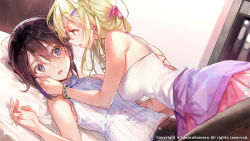 Rule 34 | 2girls, bare arms, bare shoulders, bed, black hair, blonde hair, blue eyes, bracelet, camisole, clothes around waist, copyright notice, dsmile, dutch angle, furutachi ren, girl on top, hair ornament, hair ribbon, hand on another&#039;s face, hayahoshi akuru, jewelry, long hair, medium hair, multiple girls, official art, on bed, oshi no love yori koi no love, pink ribbon, pink skirt, purple sweater, ribbed sweater, ribbon, skirt, sleeveless, sleeveless sweater, sweat, sweater, sweater around waist, white camisole, white sweater, yuri