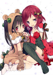 Rule 34 | 10s, 2girls, animal costume, bear costume, between breasts, black hair, bow, breasts, christmas, detached sleeves, dress, fur trim, hair bow, hand to own mouth, highres, kneehighs, looking at viewer, loose socks, love live!, love live! school idol festival, love live! school idol project, multiple girls, nail polish, nishikino maki, no shoes, pom pom (clothes), purple eyes, rabbit tail, red eyes, red hair, red nails, reindeer costume, ribbed sweater, ribbon, rugo, santa costume, short hair, sitting, socks, star (symbol), starry background, striped, striped ribbon, sweater, sweater dress, tail, thighhighs, twintails, yazawa nico