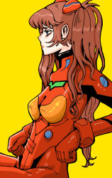 Rule 34 | 1girl, absurdres, arm support, arms at sides, artist request, blue eyes, bodysuit, breasts, closed mouth, expressionless, gloves, hair ornament, head tilt, highres, invisible chair, knee up, lips, long hair, medium breasts, neon genesis evangelion, orange hair, plugsuit, red bodysuit, red gloves, simple background, sitting, solo, souryuu asuka langley, very long hair, wide hips, yellow background