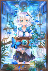Rule 34 | 2girls, black skirt, blonde hair, blue eyes, blue neckerchief, blush, breasts, brown eyes, bug, butterfly, chibi, closed mouth, fish, framed, insect, kutsunohito, large breasts, light bulb, looking at viewer, multiple girls, neckerchief, original, picture frame, short hair, skirt, smile, table, tree, water, white hair