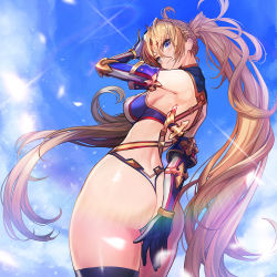 Rule 34 | 1girl, ass, back, bare shoulders, bikini, blonde hair, blue bikini, blue eyes, blue sky, blush, bradamante (fate), bradamante (third ascension) (fate), braid, breasts, closed mouth, covering ass, covering privates, day, elbow gloves, fate/grand order, fate (series), french braid, gloves, goomrrat, hair between eyes, hip focus, long hair, looking at viewer, medium breasts, sky, smile, solo, swimsuit, thigh strap, thighs, thong, twintails, two-tone bikini, very long hair, white bikini