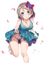 Rule 34 | &gt;:), 10s, 1girl, aqua dress, aqua panties, blue eyes, blush, bow, breasts, cleavage, clothes lift, dress, dress lift, flower, gluteal fold, grey hair, hair bow, hair flower, hair ornament, high heels, highres, jewelry, joptr06, leg lift, looking at viewer, love live!, love live! school idol festival, love live! sunshine!!, necklace, panties, pearl necklace, petals, shoes, short hair, smile, solo, standing, standing on one leg, underwear, v-shaped eyebrows, watanabe you, white background, white footwear