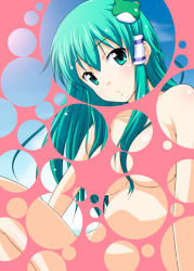 Rule 34 | 1girl, breasts, bubble filter, censored, convenient censoring, female focus, gradient background, green eyes, green hair, hair ornament, kochiya sanae, long hair, matching hair/eyes, nude, nude illusion, solo, tomokichi, touhou