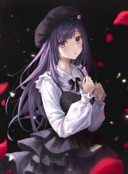 Rule 34 | 1girl, a-soul, bella (a-soul), black hat, black ribbon, blush, commission, dress, flower, frilled dress, frills, hat, heeri, highres, long hair, long sleeves, looking at viewer, neck ribbon, parted lips, petals, purple eyes, purple hair, purple skirt, red flower, ribbon, skirt, solo, virtual youtuber, white dress