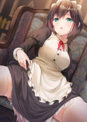 Rule 34 | 1girl, :o, apron, aqua eyes, black dress, black hair, blush, breasts, brown hair, buttons, couch, dress, frilled apron, frilled dress, frills, garter straps, green eyes, hair between eyes, highres, indoors, itou chitose, iya na kao sare nagara opantsu misete moraitai, juliet sleeves, long sleeves, looking at viewer, maid, maid apron, maid headdress, medium breasts, neck ribbon, open mouth, parted lips, puffy sleeves, red ribbon, ribbon, solo, spread legs, sweat, sweatdrop, thighhighs, tomozero, waist apron, white apron, white thighhighs