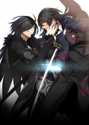 Rule 34 | 2boys, ahoge, bad id, bad pixiv id, black hair, coat, dyed ahoge, gaius (tales), gloves, gradient background, hand on another&#039;s face, highres, male focus, manly, multicolored hair, multiple boys, pants, red eyes, shiramine (srmn09), sword, tales of (series), tales of xillia, tales of xillia 2, tears, two-tone hair, weapon, white background, wingul (tales), yellow eyes