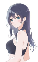 Rule 34 | 1girl, black bra, blue eyes, blue hair, blush, bra, breasts, highres, light frown, long hair, looking at viewer, looking to the side, medium breasts, original, simple background, solo, underwear, underwear only, upper body, white background, yatomi