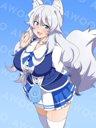 Rule 34 | 1girl, animal ear fluff, animal ears, blue dress, blue eyes, blue skirt, breasts, commentary, dress, finland, highres, image sample, indie virtual youtuber, large breasts, long hair, looking at viewer, lumi (merryweather), open mouth, seihekiog, skirt, smile, solo, standing, tail, thighhighs, twitter sample, virtual youtuber, white hair, wolf ears, wolf girl, wolf tail