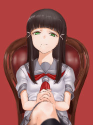 Rule 34 | 10s, 1girl, black hair, black socks, blunt bangs, green eyes, grey sailor collar, hair ornament, highres, interlocked fingers, jyon, kneehighs, kurosawa dia, long hair, looking at viewer, love live!, love live! sunshine!!, mole, mole under mouth, neckerchief, own hands clasped, own hands together, red background, red neckerchief, sailor collar, school uniform, shirt, short sleeves, simple background, socks, solo, uranohoshi school uniform, white shirt