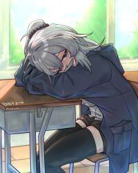 Rule 34 | 1girl, absurdres, arknights, black jacket, black shorts, black thighhighs, blue eyes, blush, chair, commentary request, covered mouth, dated, day, desk, feet out of frame, gaoling gangqin, grey hair, hair between eyes, highres, hood, hood down, hooded jacket, indoors, jacket, long hair, looking at viewer, mulberry (arknights), nose blush, on chair, one side up, school chair, school desk, shirt, short shorts, shorts, signature, sitting, solo, sunlight, thighhighs, white shirt, window