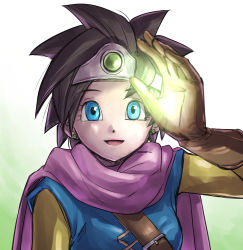 Rule 34 | 1girl, black hair, blue eyes, cape, circlet, dragon quest, dragon quest iii, earrings, gloves, hand up, highres, jewelry, looking at viewer, open mouth, pekuchin (pekuchin 3), roto (dq3), sketch, smile, solo, spiked hair, upper body