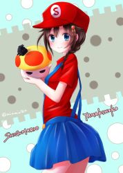 Rule 34 | 1girl, adapted costume, ahoge, alternate costume, artist name, blouse, blue background, blue eyes, blush, braid, brown hair, character name, character request, cowboy shot, from side, grey background, hair flaps, hair ornament, hat, ishida mia, kantai collection, looking at viewer, mario (series), miniskirt, mushroom, nintendo, parted bangs, red hat, red shirt, shigure (kancolle), shirt, single braid, skirt, standing, suspender skirt, suspenders, twitter username