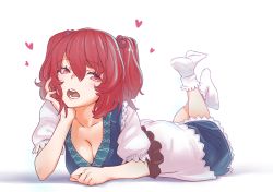 Rule 34 | 1girl, breasts, cleavage, feet up, full body, hair between eyes, hair bobbles, hair ornament, hand on own cheek, hand on own face, heart, highres, kawayabug, large breasts, lying, medium hair, on stomach, onozuka komachi, open mouth, red eyes, red hair, simple background, solo, teeth, touhou, two side up, white background