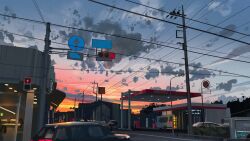 Rule 34 | absurdres, banishment, blue sky, building, car, cloud, evening, gas station, gradient sky, highres, motor vehicle, no humans, orange sky, original, outdoors, power lines, road, road sign, scenery, sign, sky, street, traffic light, utility pole